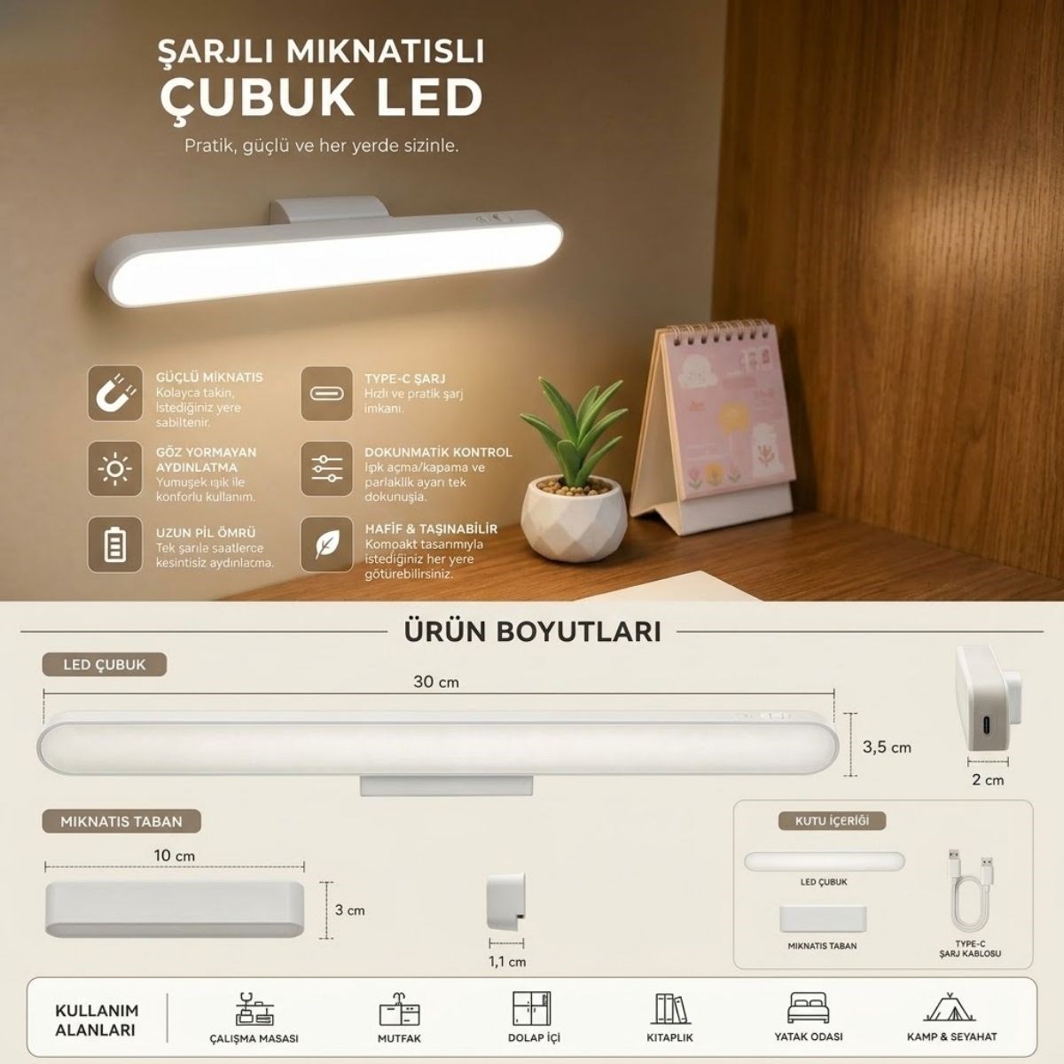 BUFFER® Şarjlı Manyetik LED Çubuk Lamba, Dokunmatik, 3 Modlu, Kablosuz Mutfak Dolap Altı ve Dekoratif Aydınlatma