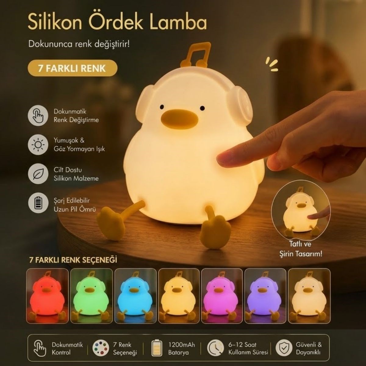BUFFER® Vurmalı 7 Renkli Silikon Ördek LED Masa Lambası, Müzisyen Tasarımlı, Dokunmatik Renk Değiştiren Dekoratif USB Gece Lambası