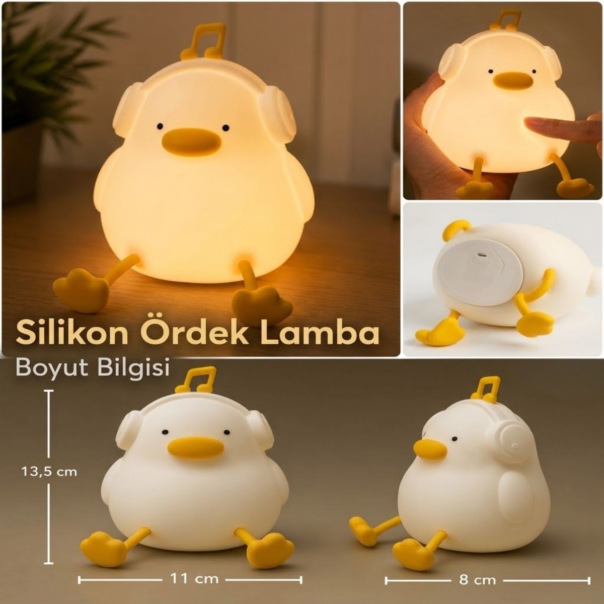 BUFFER® Vurmalı 7 Renkli Silikon Ördek LED Masa Lambası, Müzisyen Tasarımlı, Dokunmatik Renk Değiştiren Dekoratif USB Gece Lambası