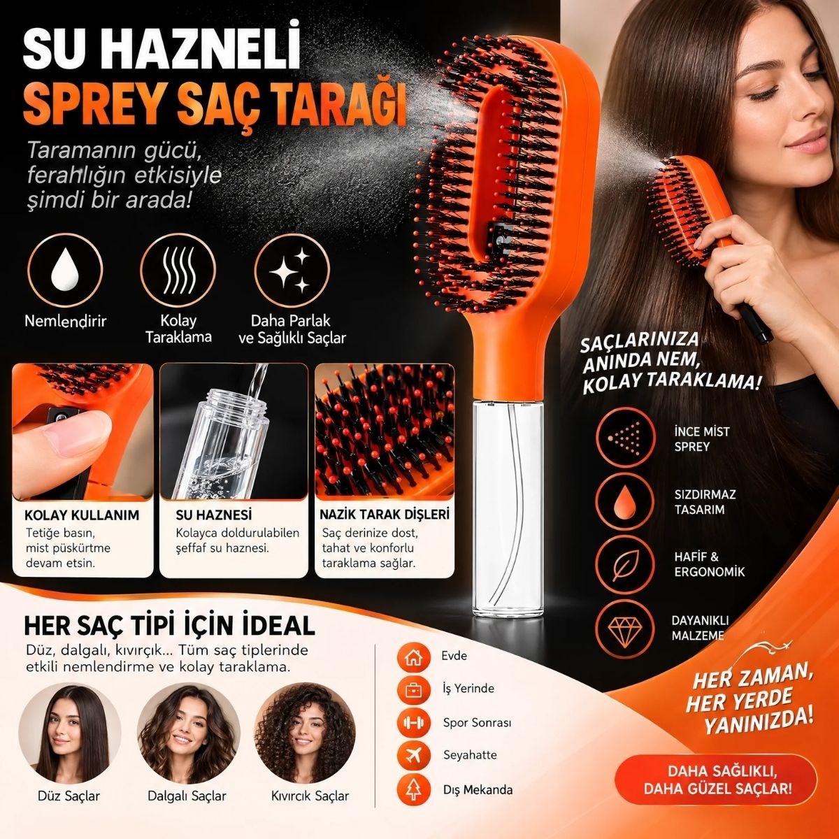 BUFFER Su Hazneli Spreyli Saç Fırçası, Oval Başlıklı Yuvarlatılmış Uçlu Tarama Dişleri, Şeffaf Hazneli Saç Tarama ve Şekillendirme Fırçası