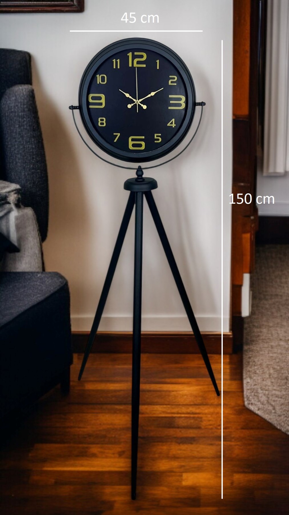 Gold Rakamlı Siyah Tripod Ayaklı Saat
