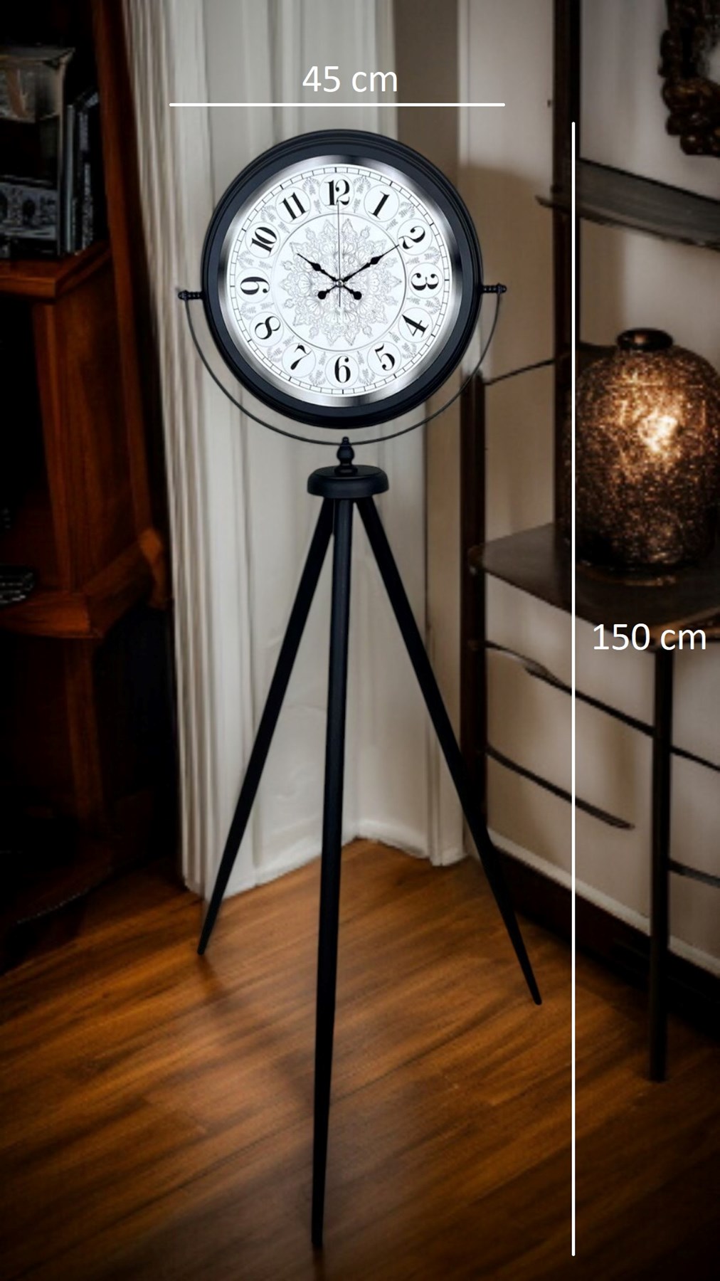 Siyah Desenli Şık Tripod Ayaklı Saat