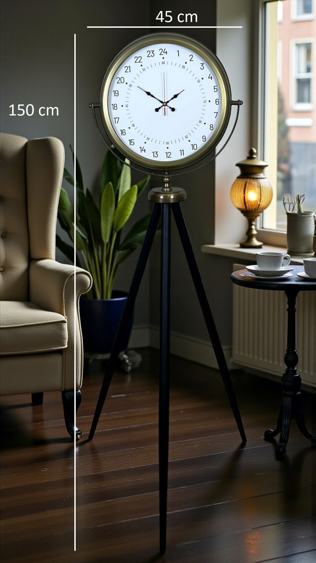 Eskitme 24 Saat Göstergeli Özel Tasarım Tripod Ayaklı Saat
