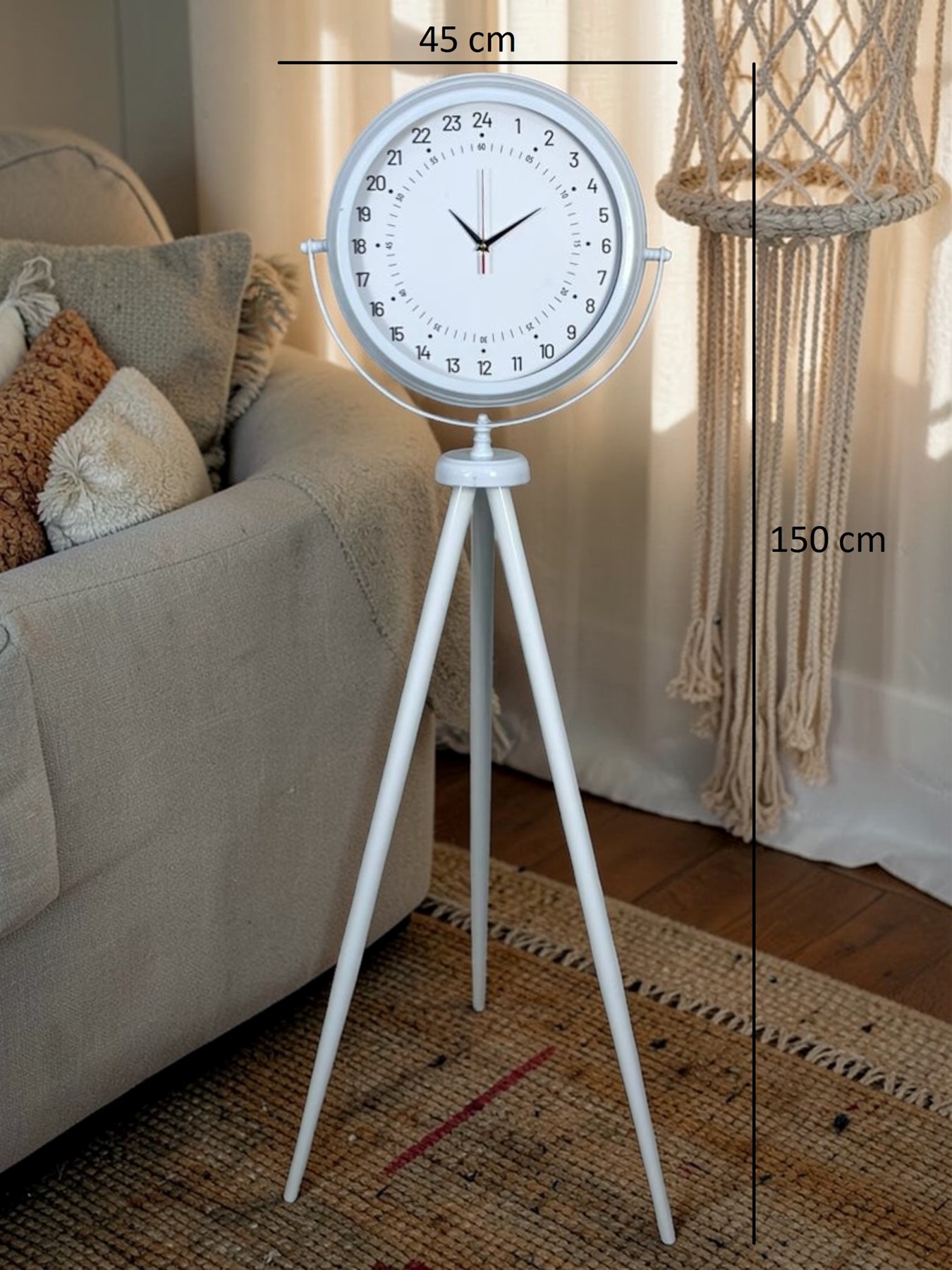 Beyaz 24 Saat Göstergeli Tripod Ayaklı Saat
