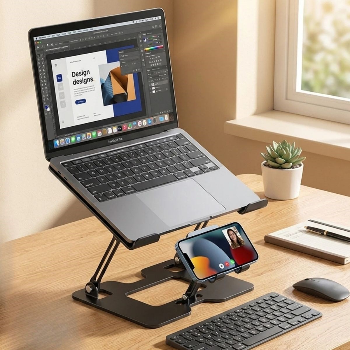 BUFFER® 2’si 1 Arada Laptop ve Telefon Standı – AlüMetal Ayarlanabilir,Katlanabilir,Ergonomik Yükseltici