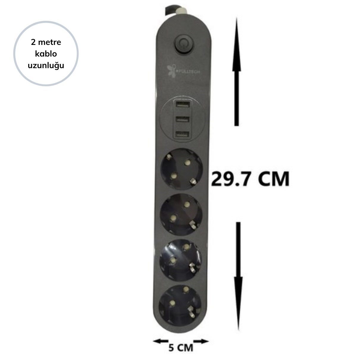 BUFFER® 4lü Siyah Anahtarlı 3 USB Li Akım Korumalı Topraklı Çocuk Korumalı Grup Priz 2 Metre