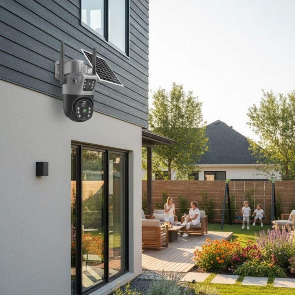 BUFFER® Güneş Panelli Akıllı Güvenlik Kamerası 360° PTZ Hareketli,Kablosuz WiFi,Çift Anten ve Kameralı,Gece Görüşlü,Hareket Algılamalı,Solar Kamera