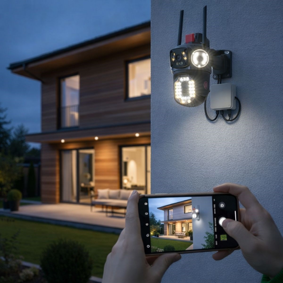 BUFFER® Kablolu Akıllı Güvenlik Kamerası – 4 Kameralı Çok Lensli, 360° PTZ Hareketli, Çift Antenli, Gece Görüşlü, Dış Mekan IP Kamera