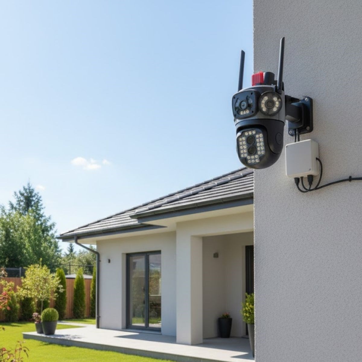 BUFFER® Kablolu Akıllı Güvenlik Kamerası – 4 Kameralı Çok Lensli, 360° PTZ Hareketli, Çift Antenli, Gece Görüşlü, Dış Mekan IP Kamera