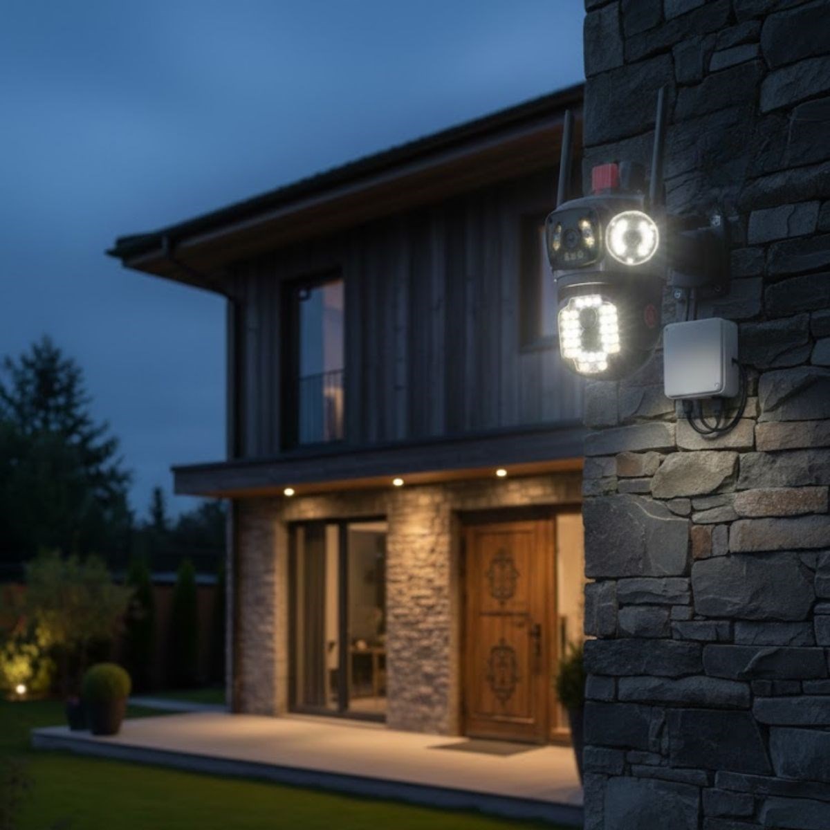 BUFFER® Kablolu Akıllı Güvenlik Kamerası – 4 Kameralı Çok Lensli, 360° PTZ Hareketli, Çift Antenli, Gece Görüşlü, Dış Mekan IP Kamera