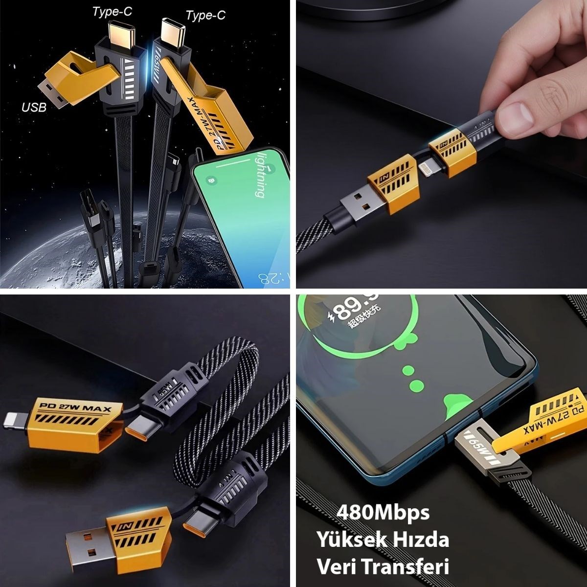 BUFFER® 4in1 65W Hızlı Şarj Kablosu – Type-C to USB-A + Type-C to Lightning, 27W PD Destekli Çoklu Şarj Kablo