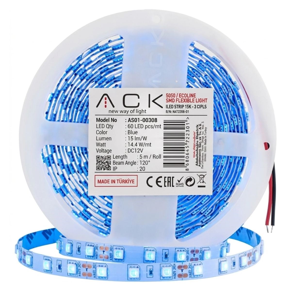 BUFFER® Mavi LED Şerit 5m – 60 LED/m 12V 14.4W Güçlü 3 Çipli Işık Şerit Led
