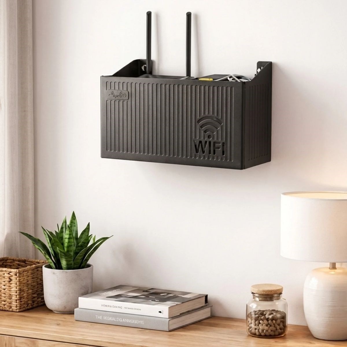 BUFFER® Duvar Tipi Wi-Fi Modem Saklama Kutusu(Siyah) – Kablo Düzenleyici Router Raf Organizer