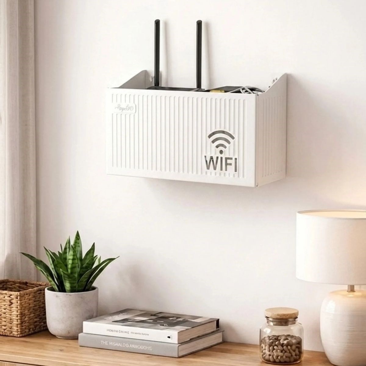 BUFFER® Duvar Tipi Wi-Fi Modem Saklama Kutusu(Beyaz) – Kablo Düzenleyici Router Raf Organizer