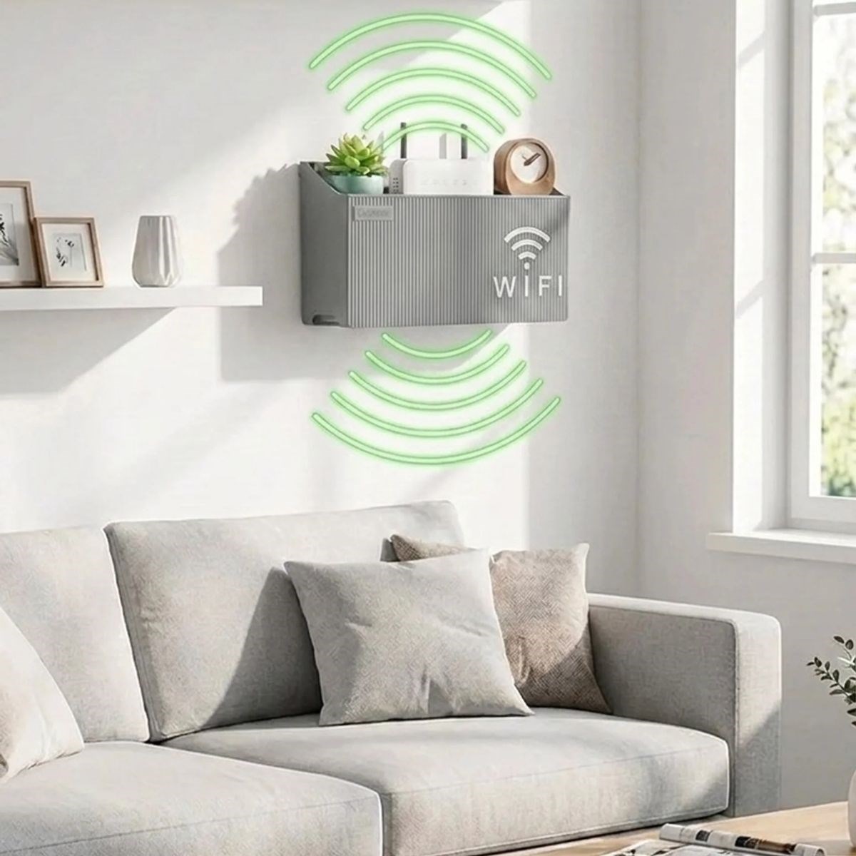 BUFFER® Duvar Tipi Wi-Fi Modem Saklama Kutusu(Gri) – Kablo Düzenleyici Router Raf Organizer