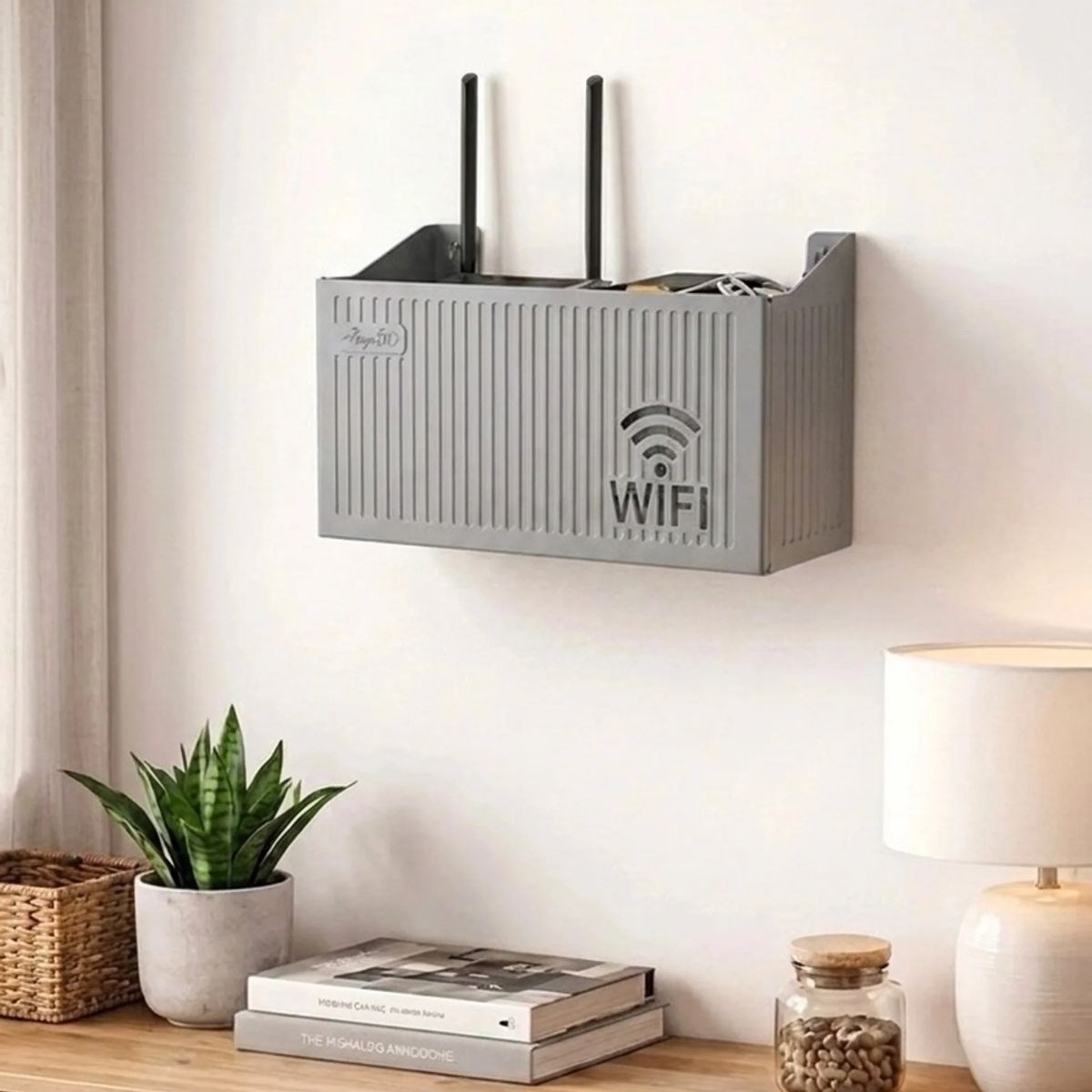 BUFFER® Duvar Tipi Wi-Fi Modem Saklama Kutusu(Gri) – Kablo Düzenleyici Router Raf Organizer