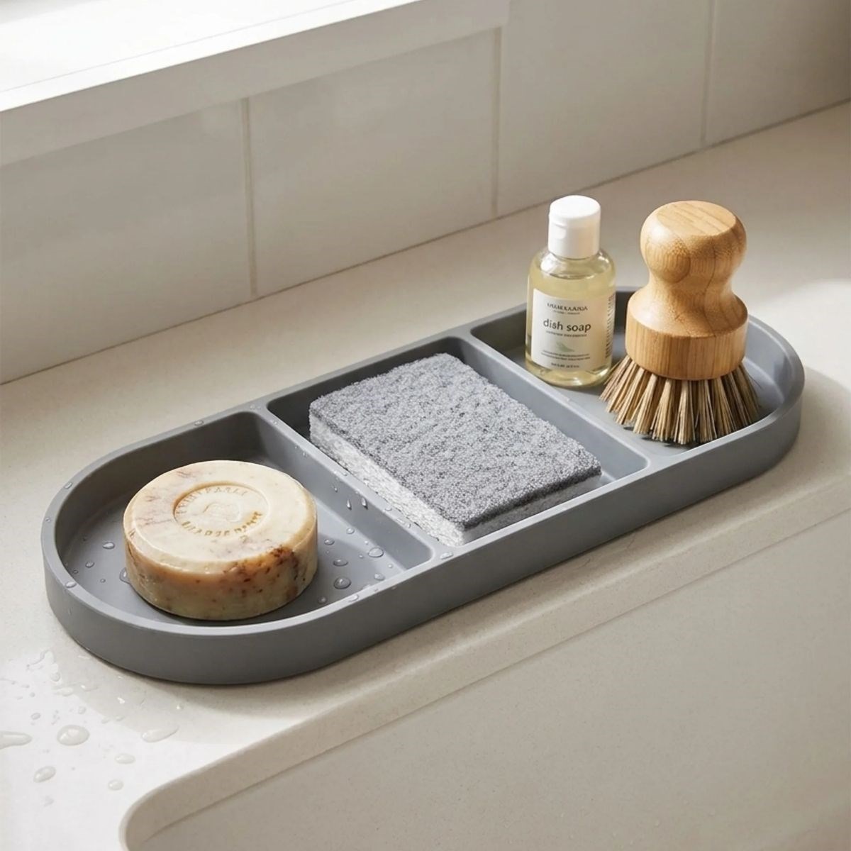 BUFFER® Çok Amaçlı 3 Bölmeli Gri Silikon Altlık – Yağdanlık ve Sunum Organizeri