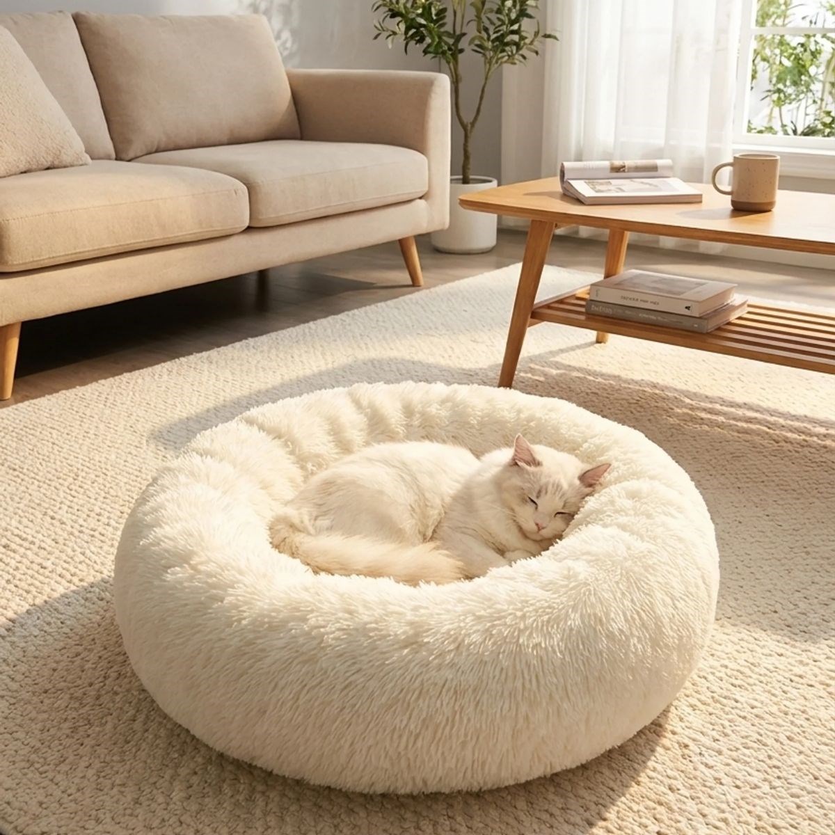 BUFFER® Yuvarlak Ultra Yumuşak Welsoft Peluş Kedi ve Köpek Yatağı – Kaymaz Taban Tüylü Pet Pufu,Uyku Minderi (krem)