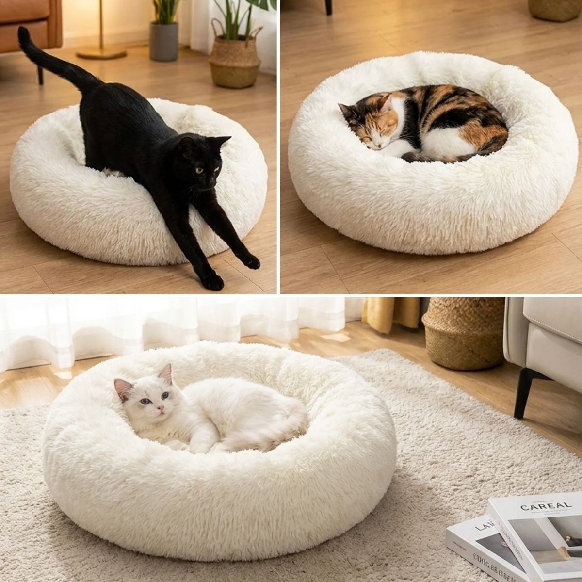 BUFFER® Yuvarlak Ultra Yumuşak Welsoft Peluş Kedi ve Köpek Yatağı – Kaymaz Taban Tüylü Pet Pufu,Uyku Minderi (krem)
