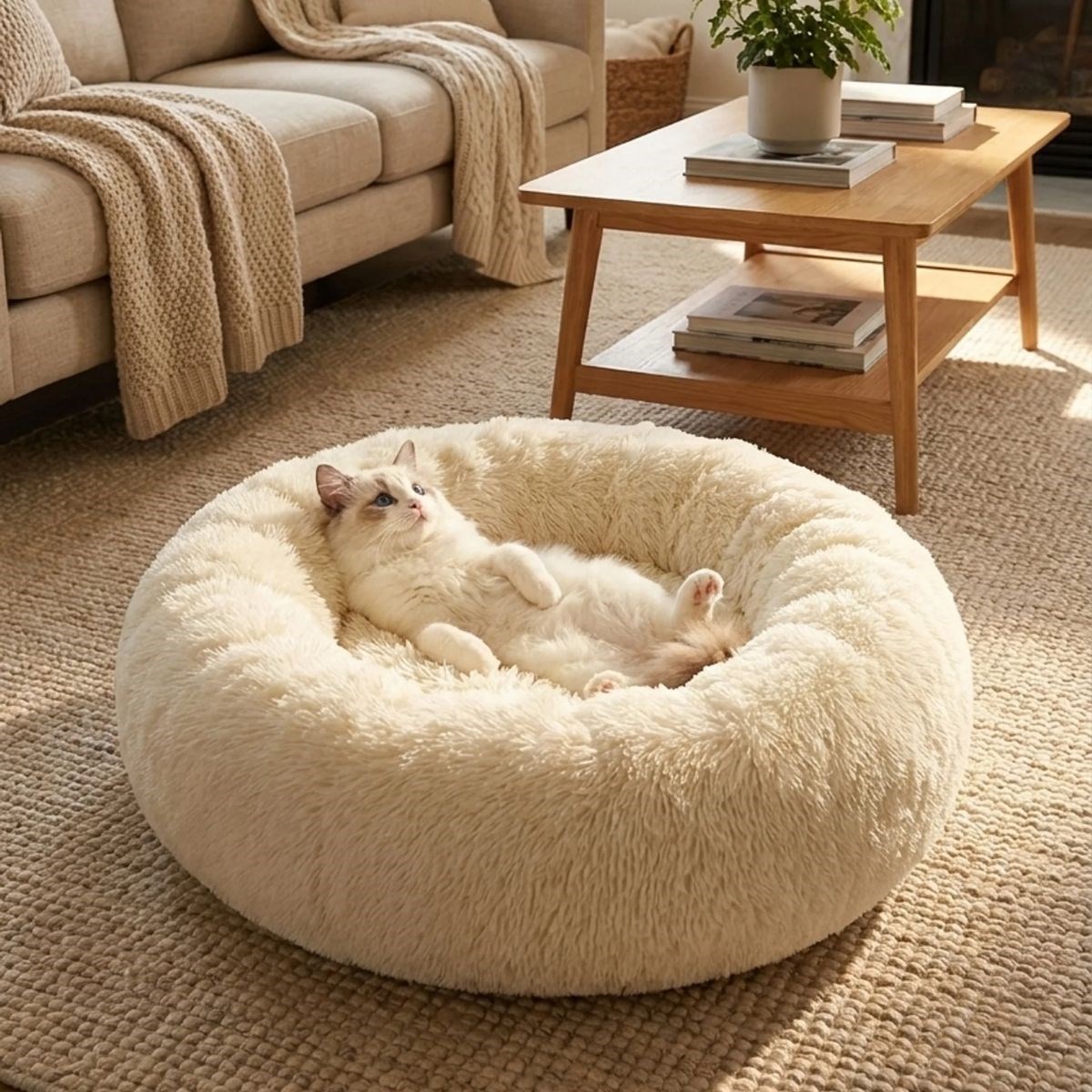 BUFFER® Yuvarlak Ultra Yumuşak Welsoft Peluş Kedi ve Köpek Yatağı – Kaymaz Taban Tüylü Pet Pufu,Uyku Minderi (krem)