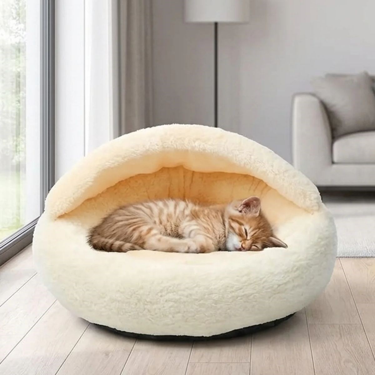 BUFFER® Yarı Açık Yuvarlak Peluş Kedi ve Köpek Yatağı – Kaymaz Taban Tüylü Pet Pufu,Uyku Minderi