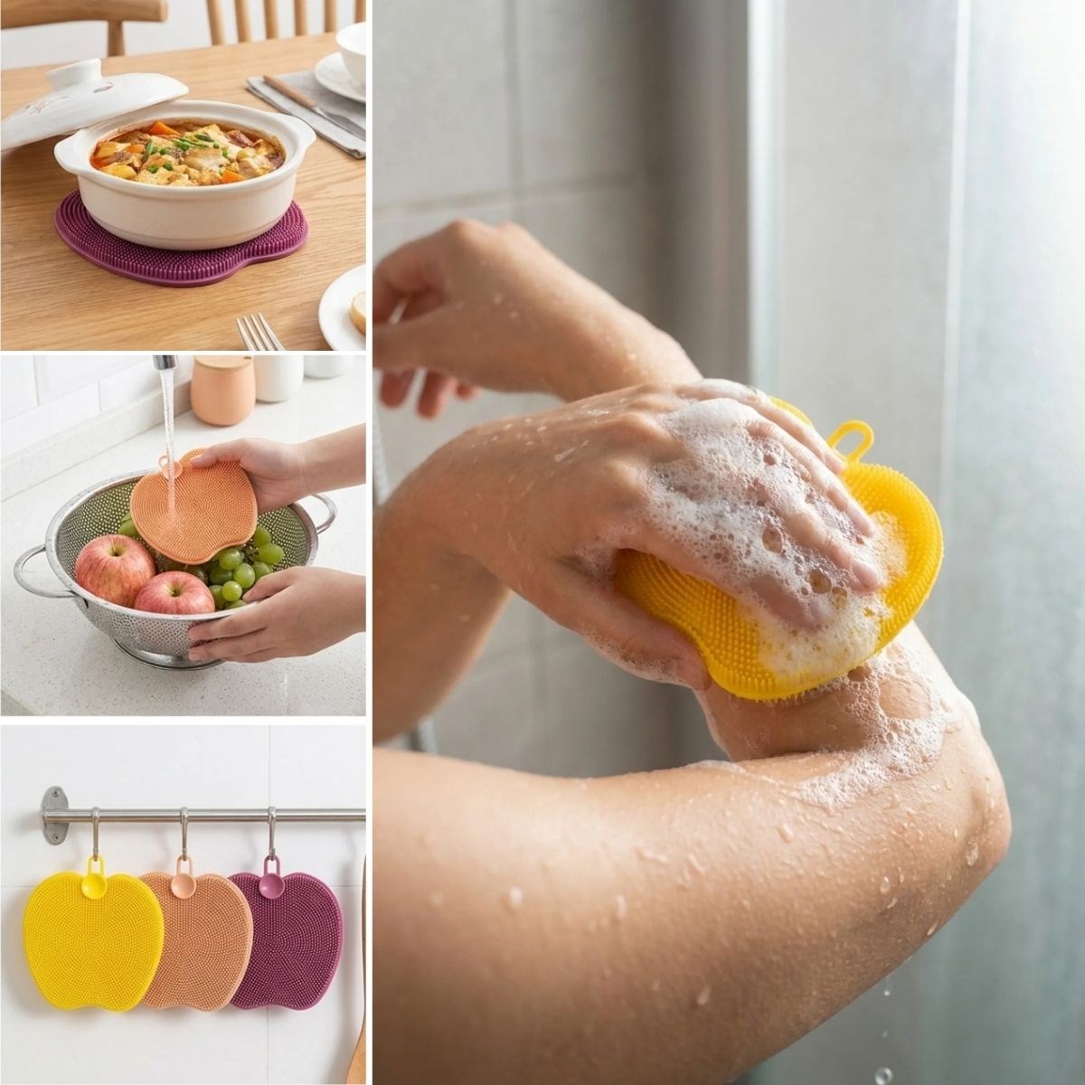 BUFFER® Elma Şekilli Silikon Bulaşık Yıkama Matı – Çok Amaçlı Mutfak ve Banyo Süngeri