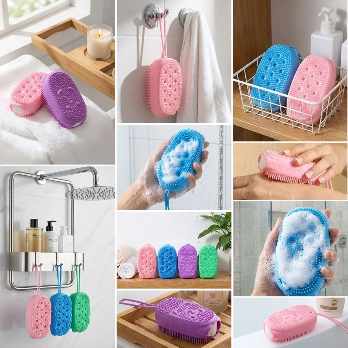 BUFFER® Peeling Etkili Süngerli Silikon Banyo Lifi – Asma Kancalı Duş Kesesi