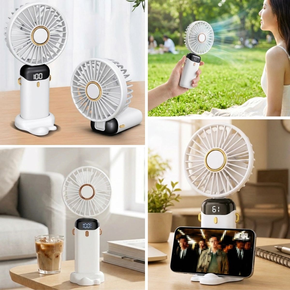 BUFFER® 5 Kademeli Şarjlı El Fanı – Telefon Tutuculu Standlı, LED Dijital Göstergeli, Boyuna Asılabilir Taşınabilir Fan N15
