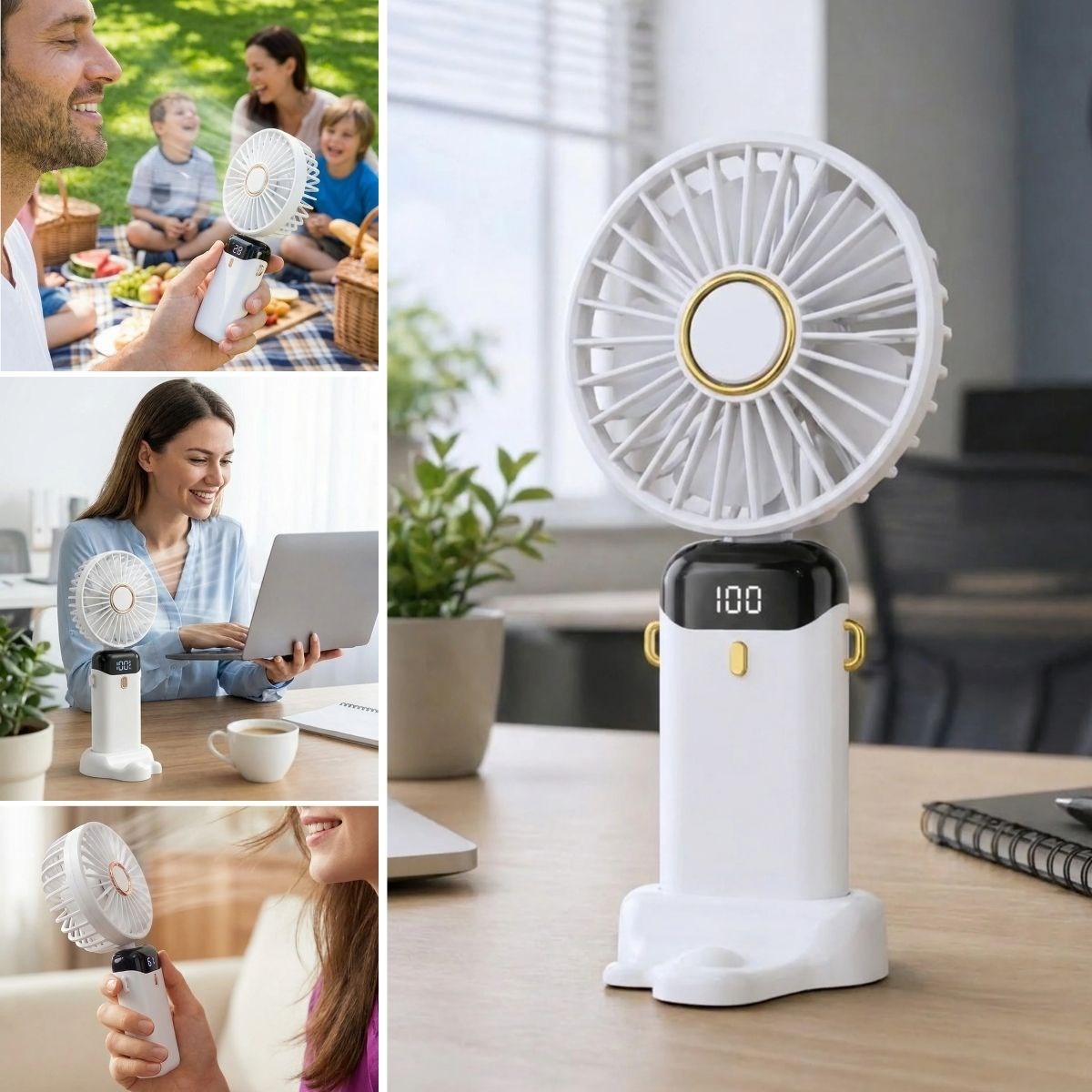 BUFFER® 5 Kademeli Şarjlı El Fanı – Telefon Tutuculu Standlı, LED Dijital Göstergeli, Boyuna Asılabilir Taşınabilir Fan N15