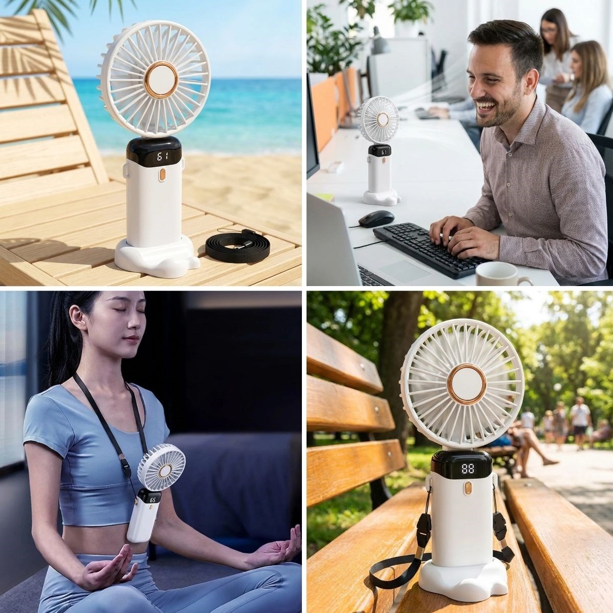 BUFFER® 5 Kademeli Şarjlı El Fanı – Telefon Tutuculu Standlı, LED Dijital Göstergeli, Boyuna Asılabilir Taşınabilir Fan N15