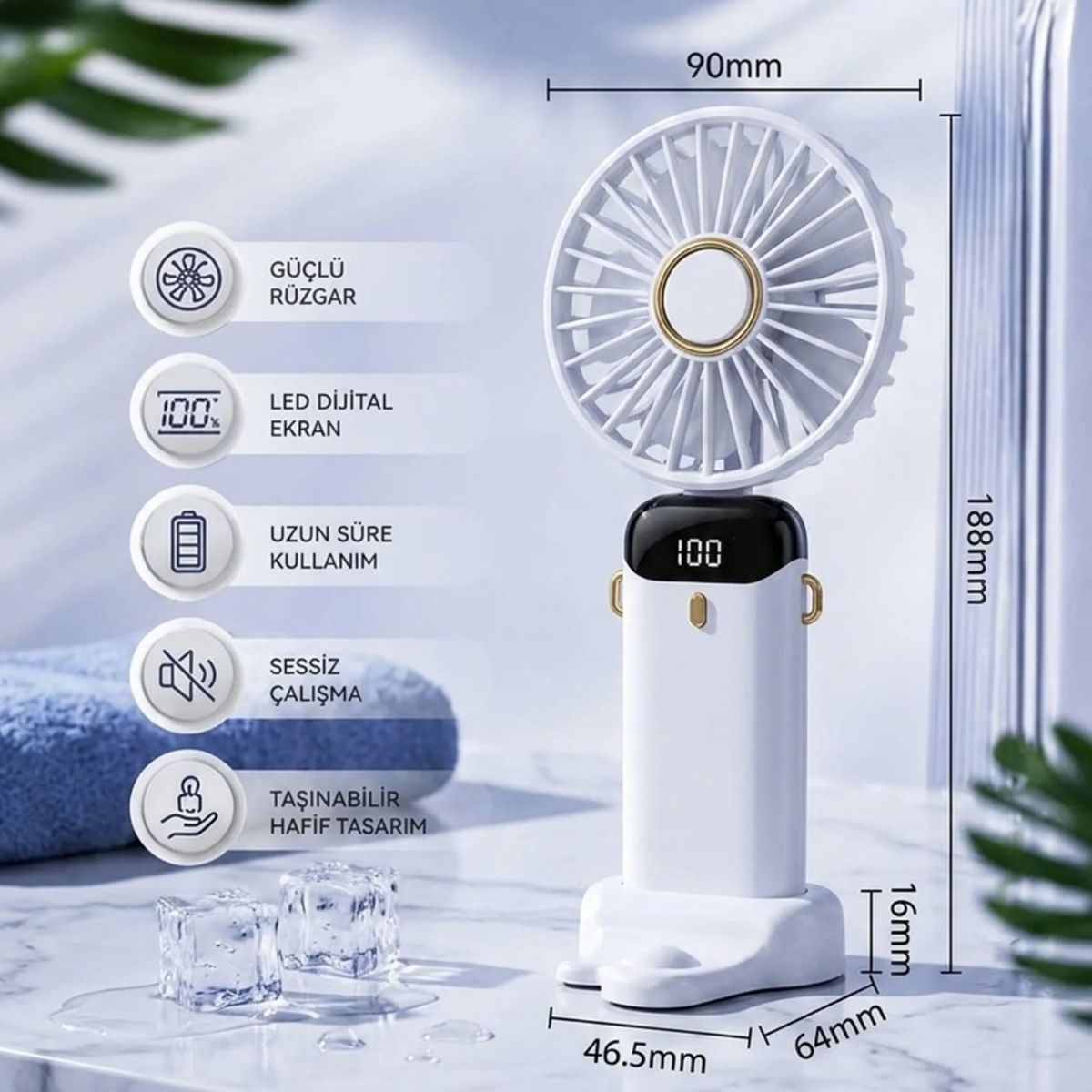 BUFFER® 5 Kademeli Şarjlı El Fanı – Telefon Tutuculu Standlı, LED Dijital Göstergeli, Boyuna Asılabilir Taşınabilir Fan N15