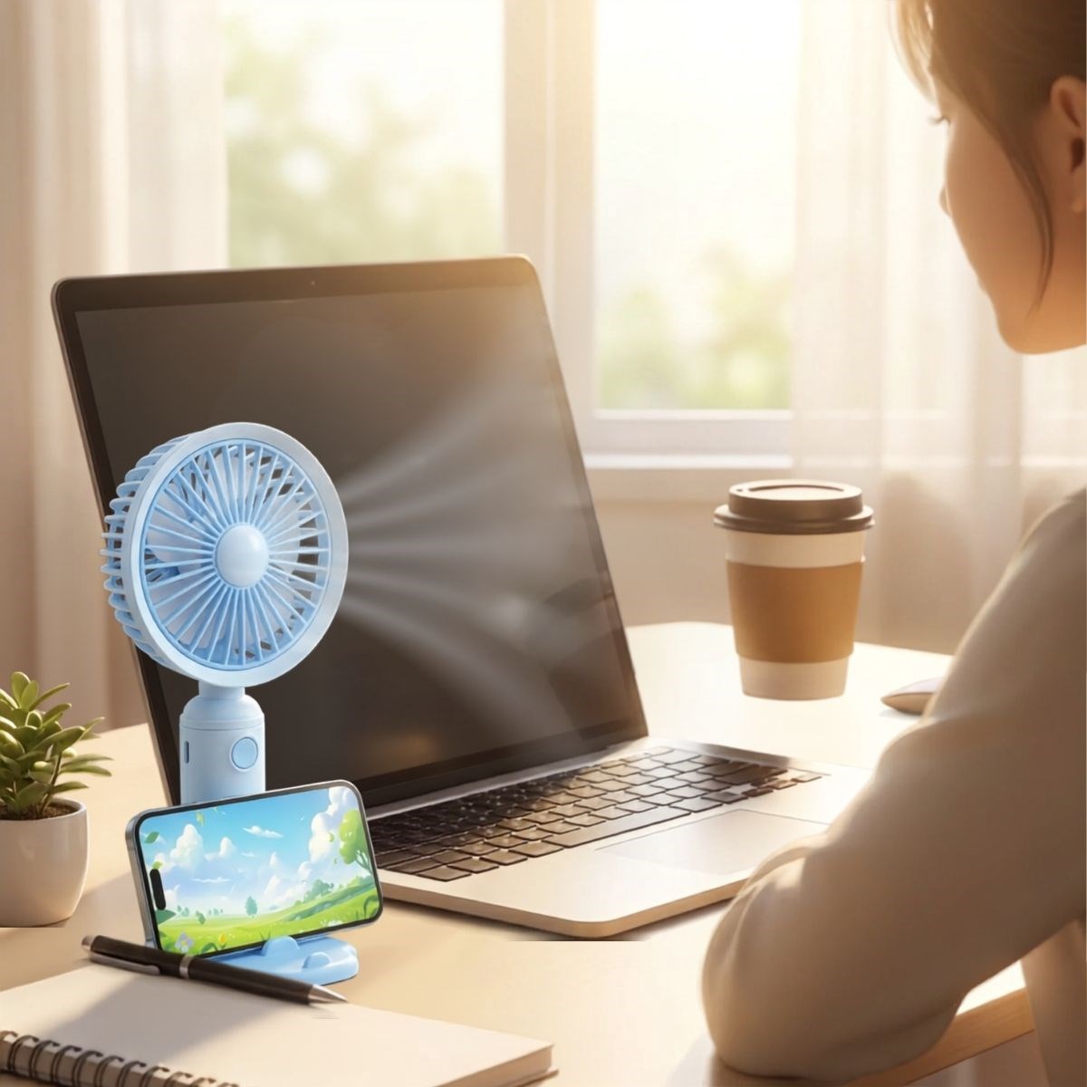 BUFFER® 3 Kademeli Masaüstü Fan – Telefon Tutuculu Özellikli Standlı Elde Taşınabilir Mini Fan  EKL29