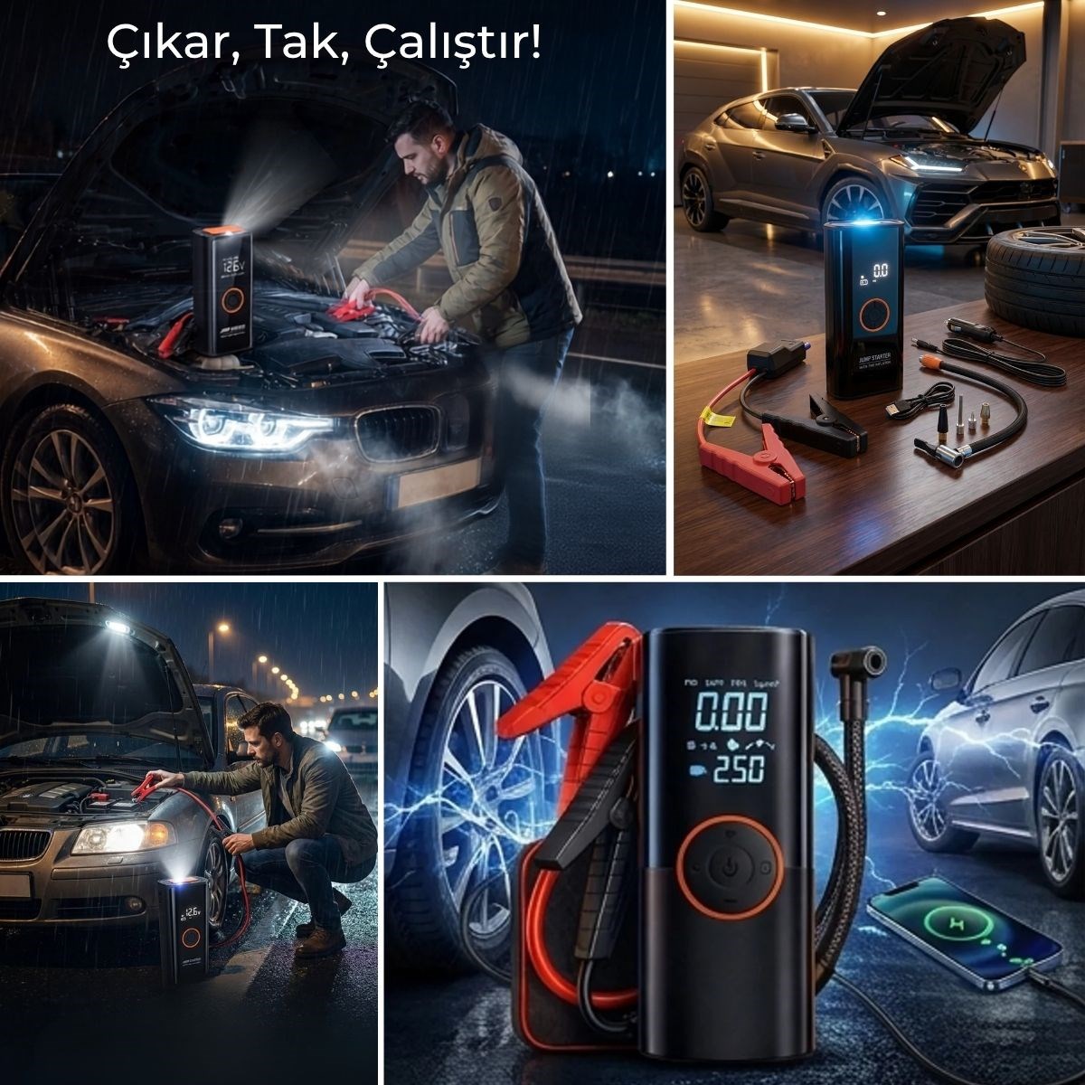 BUFFER® Akü Takviye Cihazı ve Lastik Şişirme Pompası 16000mAh – Powerbank Özellikli, Dijital Ekranlı SOS Fenerli Taşınabilir Kompresör