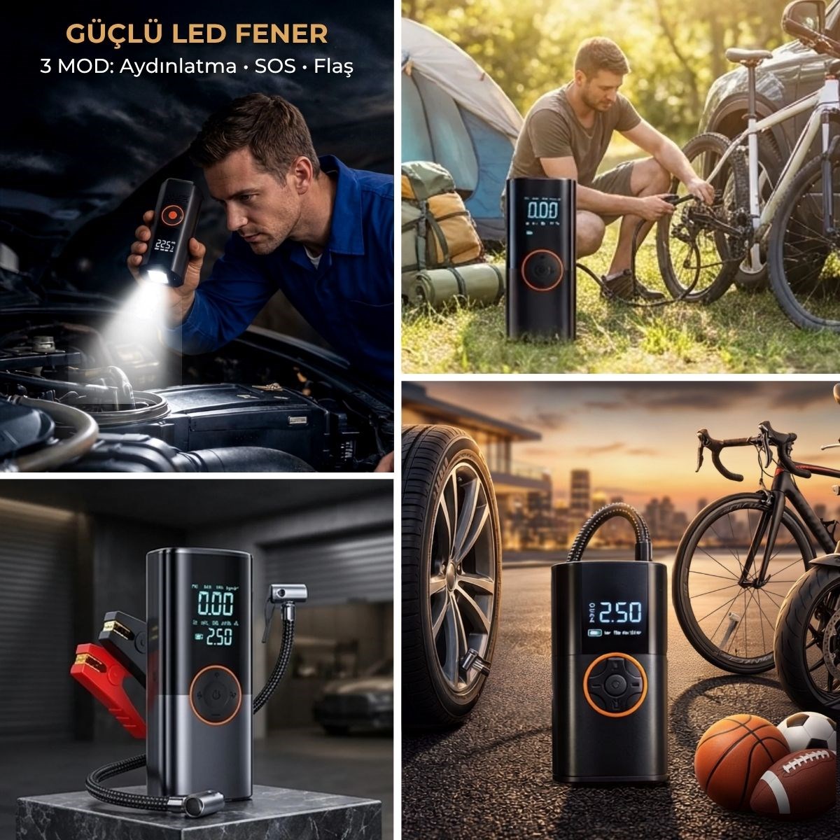 BUFFER® Akü Takviye Cihazı ve Lastik Şişirme Pompası 16000mAh – Powerbank Özellikli, Dijital Ekranlı SOS Fenerli Taşınabilir Kompresör