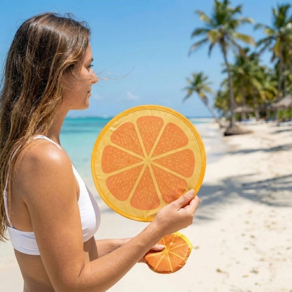BUFFER® Portakal Dilimi Desenli Pratik Katlanabilir El Yelpazesi – Kılıflı Yuvarlak Pratik Otomatik Açılıp Kapanan Cep Yelpazesi