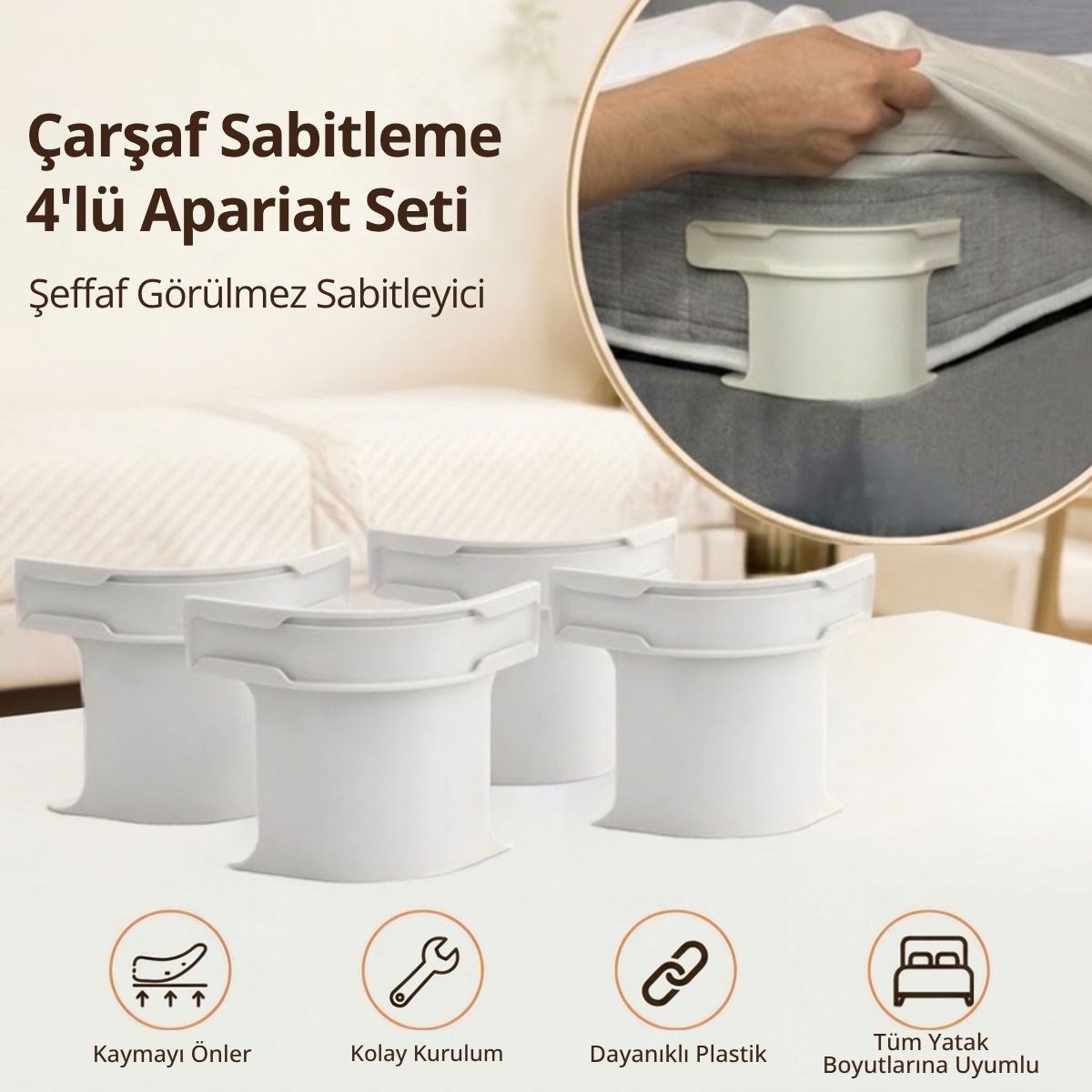 BUFFER® 4’lü Çarşaf Sabitleyici Kaydırmaz Aparat, Dört Köşeden Kilitleyen Şeffaf Akıllı Çarşaf Tutucu Sistem
