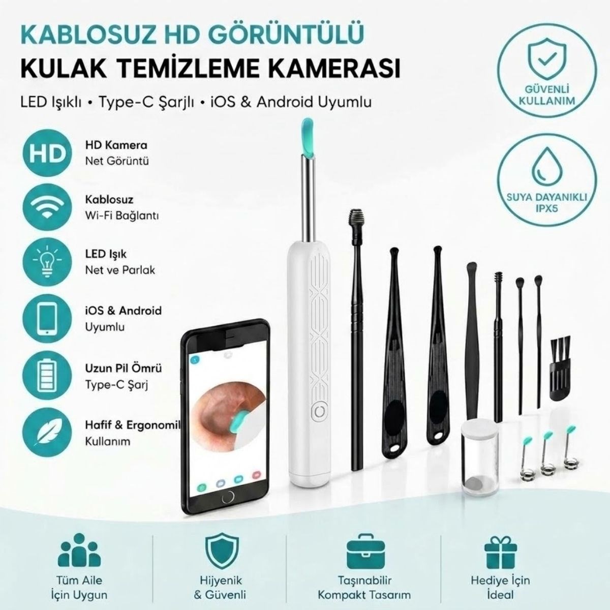BUFFER® Beyaz Kablosuz HD Görüntülü Kulak Temizleme Kamerası, LED Işıklı Type-C Şarjlı iOS ve Android Uyumlu Kulak Temizleme Seti