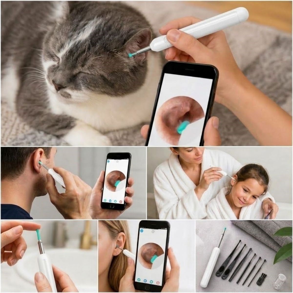 BUFFER® Beyaz Kablosuz HD Görüntülü Kulak Temizleme Kamerası, LED Işıklı Type-C Şarjlı iOS ve Android Uyumlu Kulak Temizleme Seti
