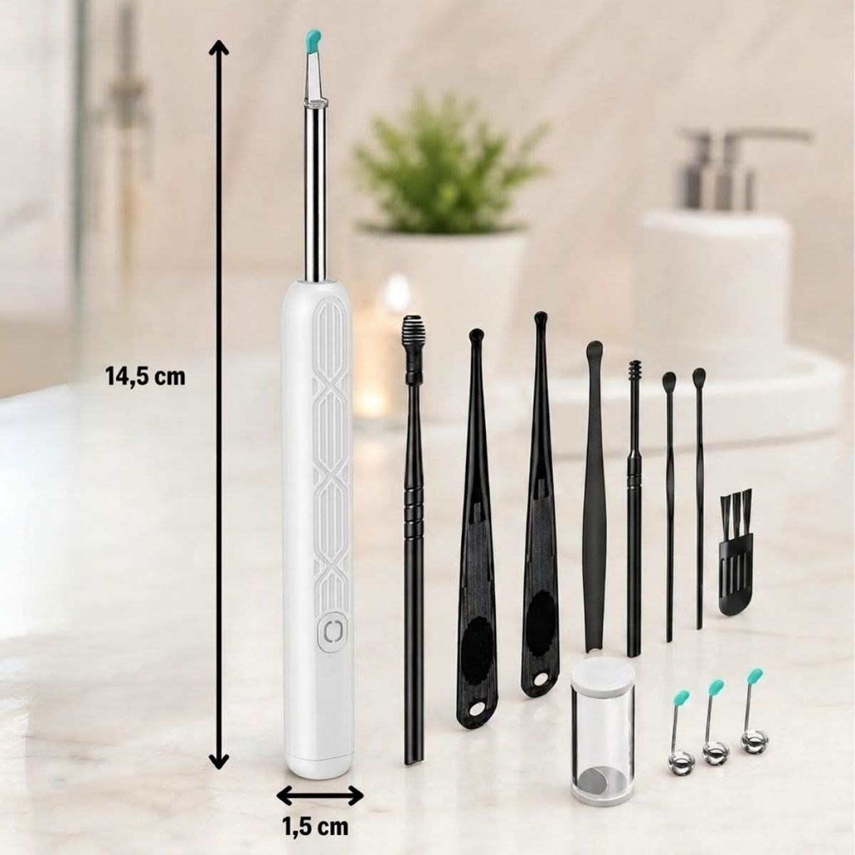 BUFFER® Beyaz Kablosuz HD Görüntülü Kulak Temizleme Kamerası, LED Işıklı Type-C Şarjlı iOS ve Android Uyumlu Kulak Temizleme Seti