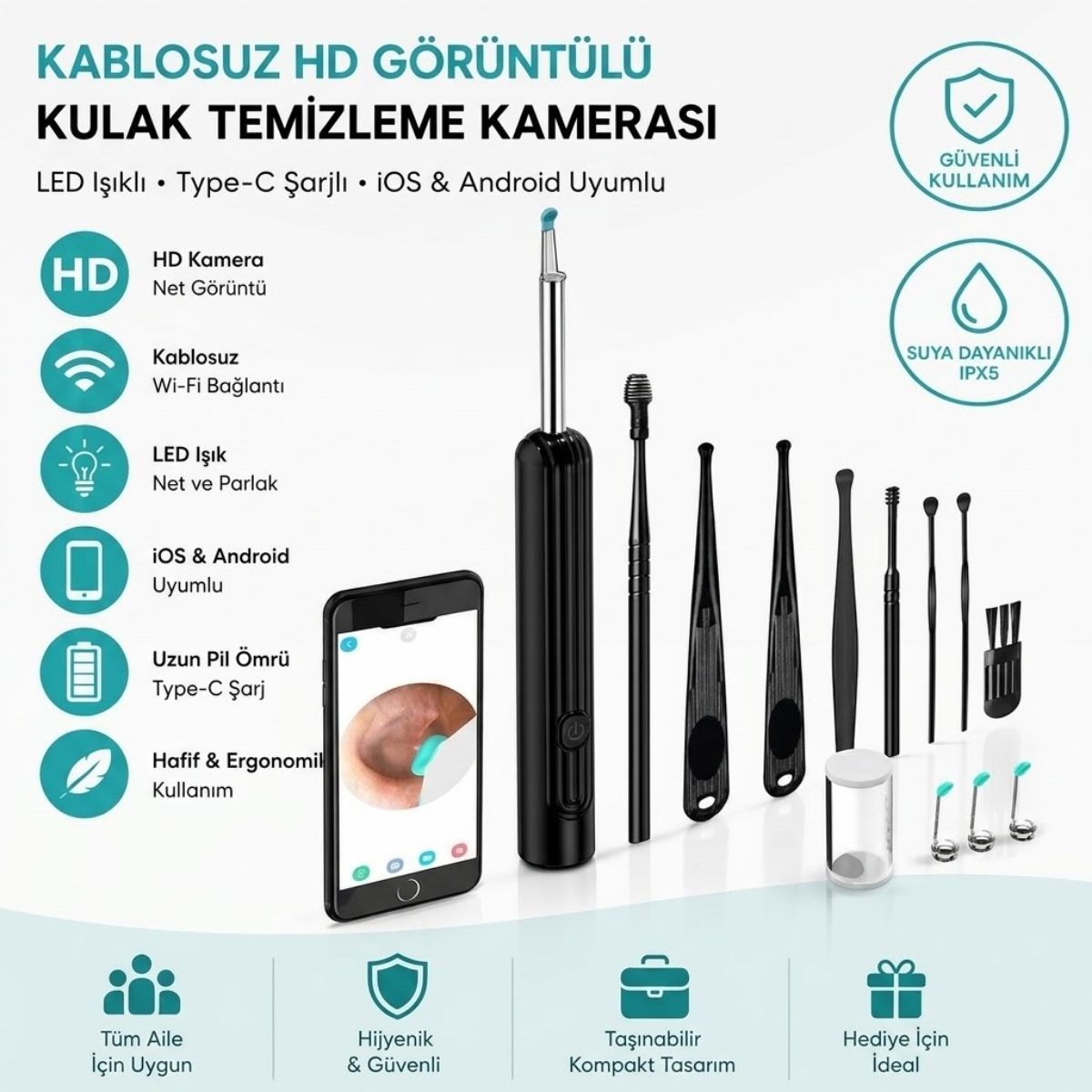 BUFFER® Siyah Kablosuz HD Görüntülü Kulak Temizleme Kamerası, LED Işıklı Type-C Şarjlı iOS ve Android Uyumlu Kulak Temizleme Seti