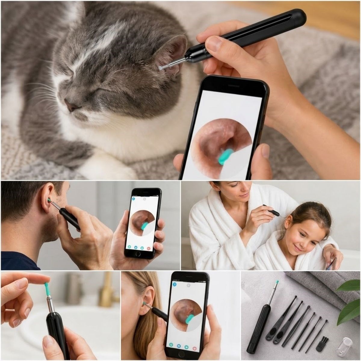 BUFFER® Siyah Kablosuz HD Görüntülü Kulak Temizleme Kamerası, LED Işıklı Type-C Şarjlı iOS ve Android Uyumlu Kulak Temizleme Seti