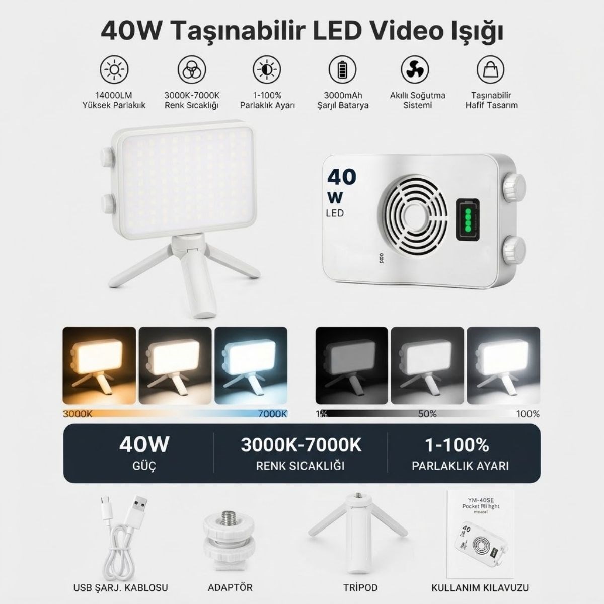 BUFFER® 40W Taşınabilir LED Video Işığı, CRI 95+ 3000-7000K Ayarlanabilir Kamera ve Fotoğraf Işığı, 3000mAh Şarjlı Tripodlu Dolgu Lambası