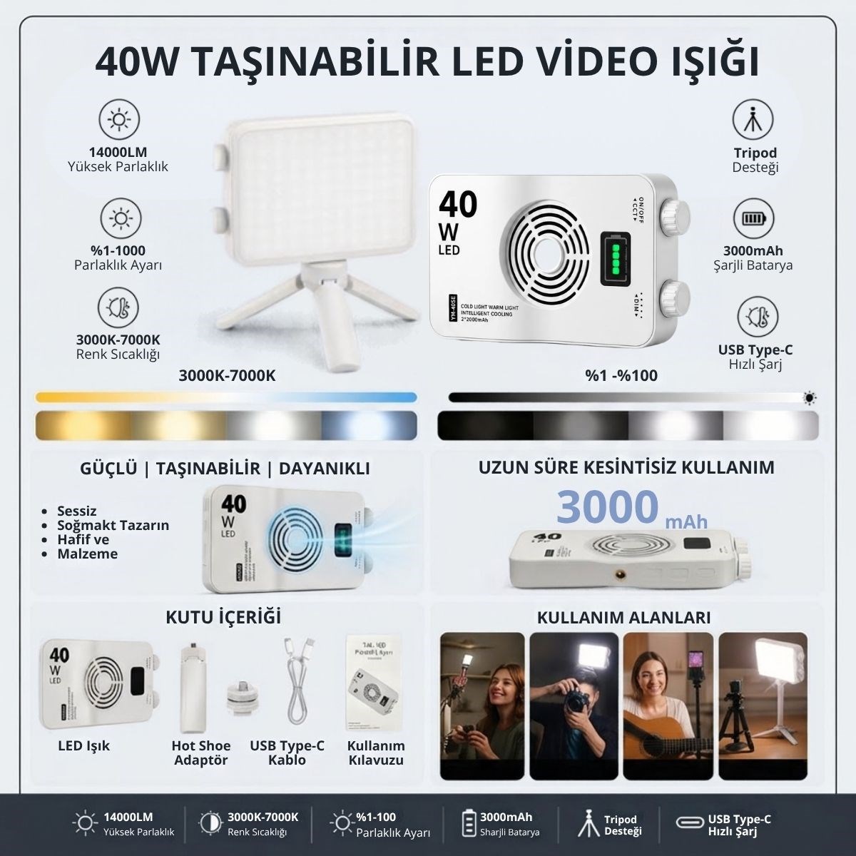 BUFFER® 40W Taşınabilir LED Video Işığı, CRI 95+ 3000-7000K Ayarlanabilir Kamera ve Fotoğraf Işığı, 3000mAh Şarjlı Tripodlu Dolgu Lambası