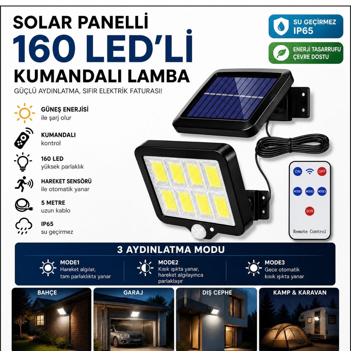 BUFFER® 160 LED Solar Bahçe Aydınlatması, 6’lı Güneş Panelli LED Lamba, 5 Metre Kablolu ve Kumandalı