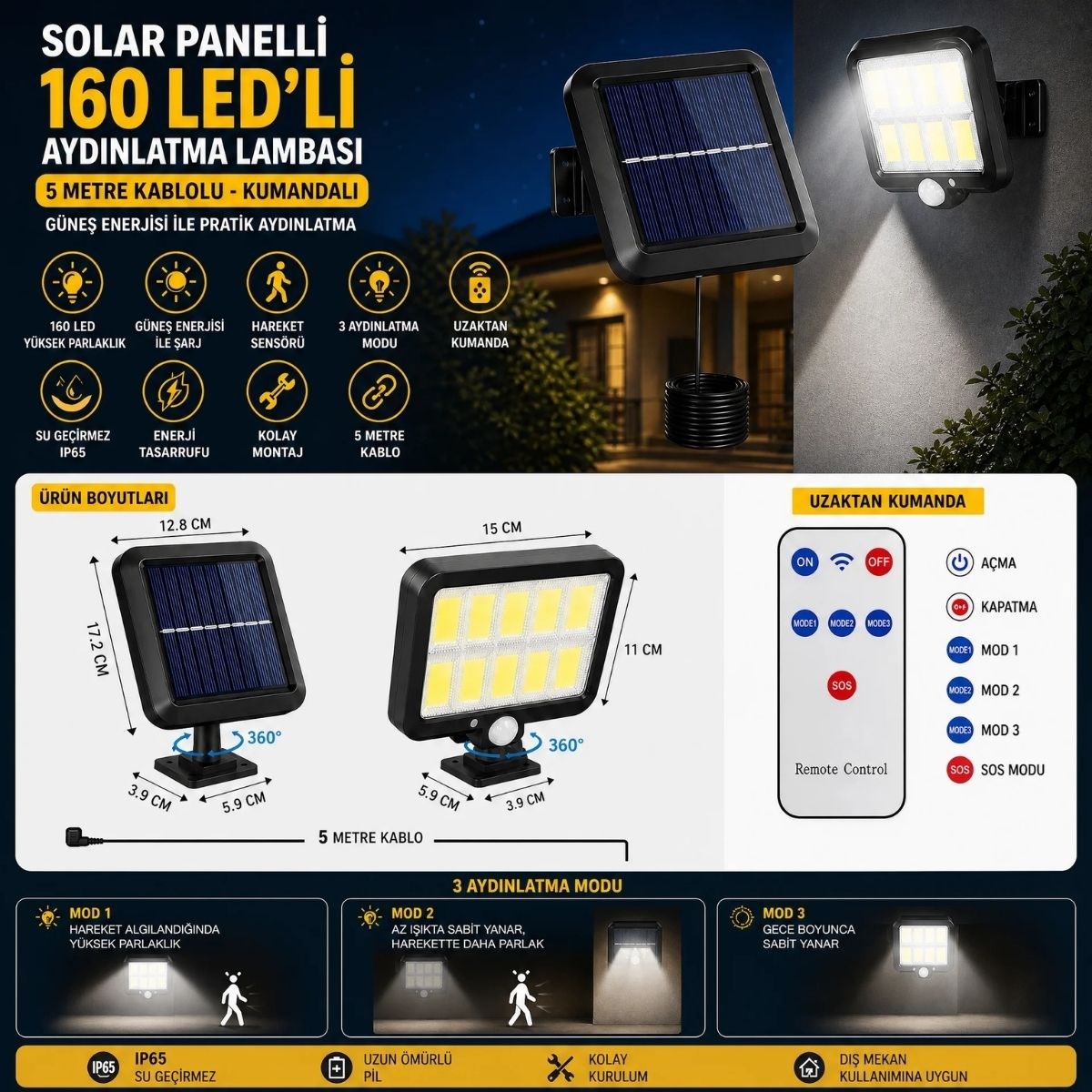 BUFFER® 160 LED Solar Bahçe Aydınlatması, 6’lı Güneş Panelli LED Lamba, 5 Metre Kablolu ve Kumandalı