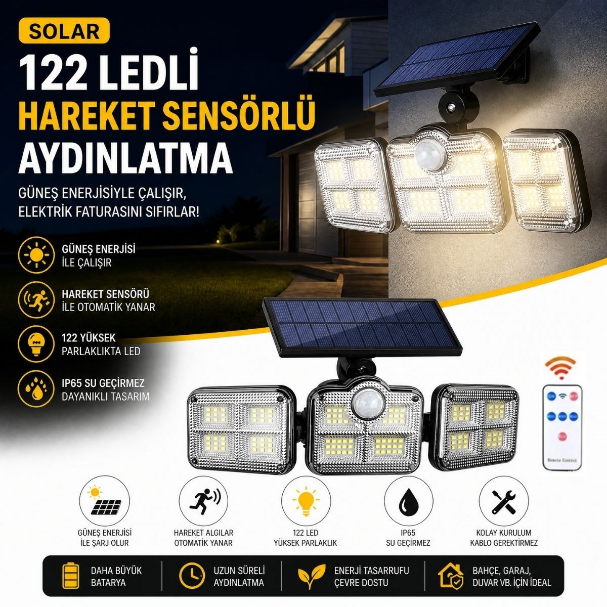 BUFFER® 3’lü 122 LEDLİ Güneş Enerjili Hareket Sensörlü Aydınlatma, Dış Mekan Duvar ve Bahçe Lambası Solar LED