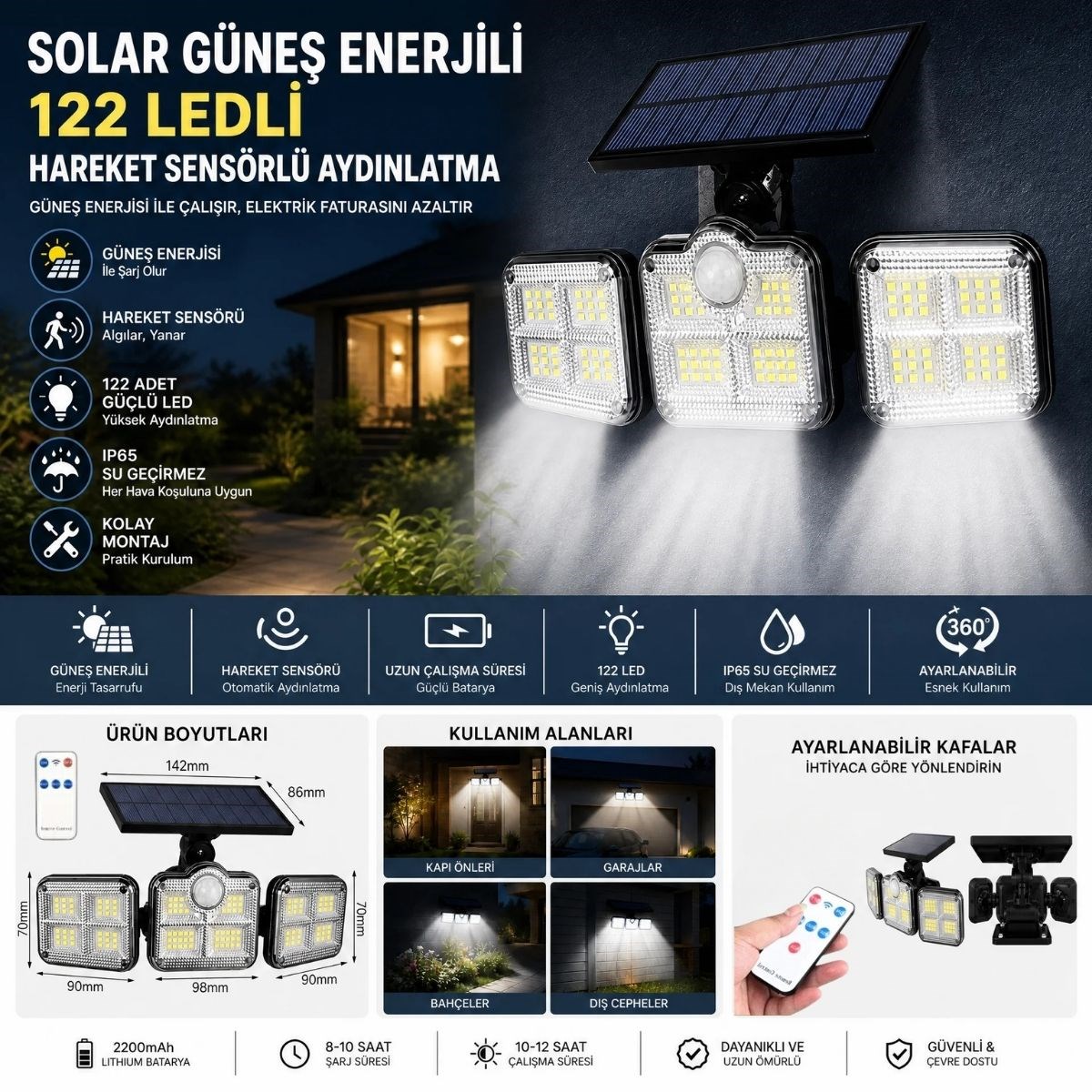BUFFER® 3’lü 122 LEDLİ Güneş Enerjili Hareket Sensörlü Aydınlatma, Dış Mekan Duvar ve Bahçe Lambası Solar LED
