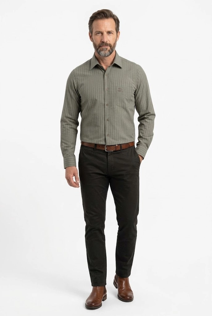 OS-Trachten Erkek Outdoor Oduncu Gömleği Yeşil Çizgili Uzun Kollu %100 Pamuk Slim Fit