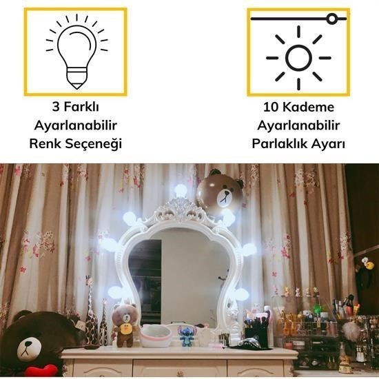 BUFFER® Nostalji Hollywood Tarzı 10lu Makyaj Masası Aynası Beyaz Led Işıklı Lamba USB