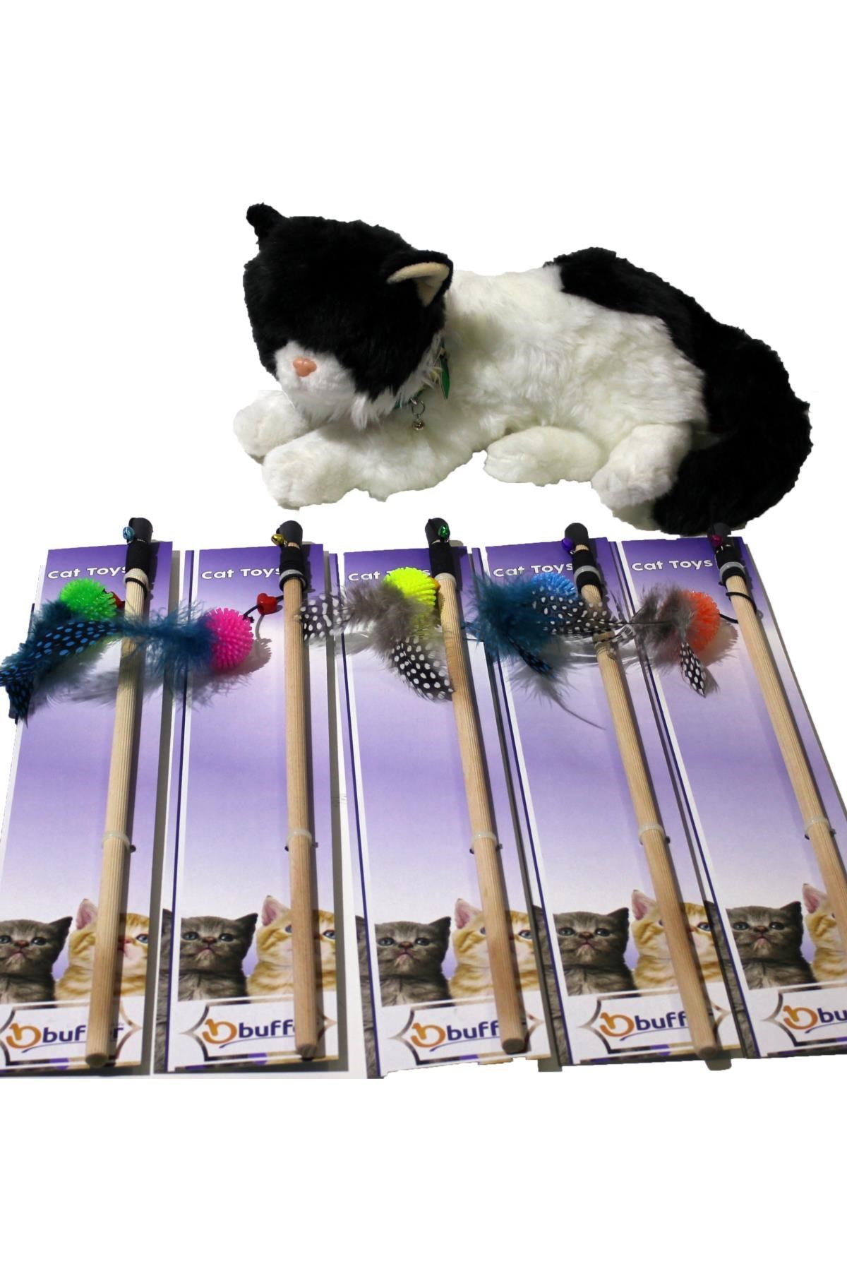 BUFFER® Peluş Oyuncaklı Tahta Saplı Eğlenceli Uzayabılen Kedi Oyun Oltası